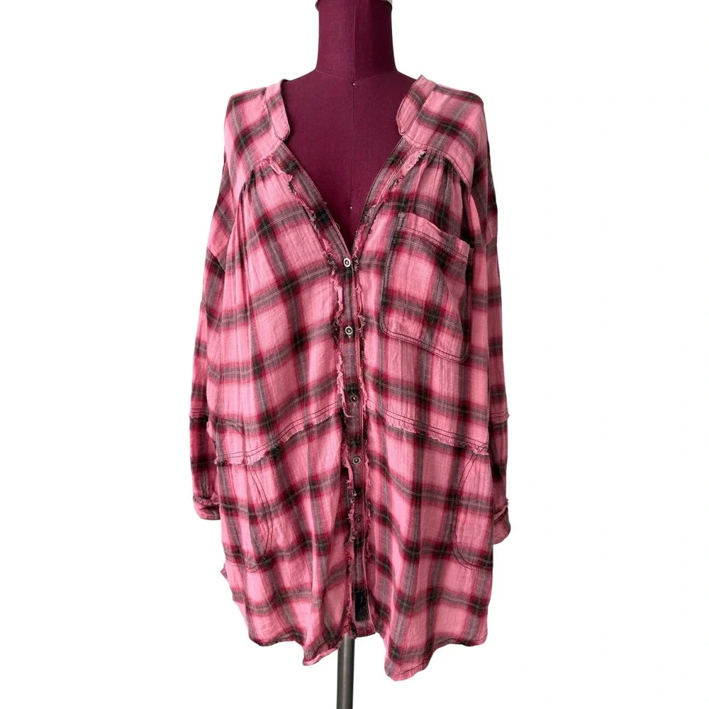 Free People Tunic Shirt One of the‎ Boys Plaid Boho Slouchy Lagenlook Pink Large